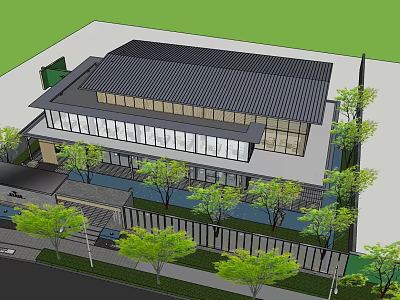 Modern Sales Office With Glass Facade Black Roof Surrounded By Trees And Landscaped Garden 3d model