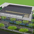 Modern Sales Office With Glass Facade Black Roof Surrounded By Trees And Landscaped Garden