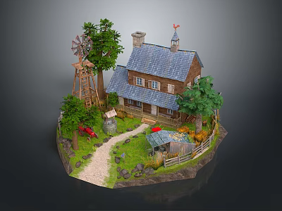 Scenic View Of Small House With Blue Roof Windmill Trees And Grass Path 3d model
