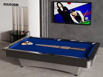 Modern Billiard Room With Blue Felt Table Cue Sticks And TV Showing Game 3d model
