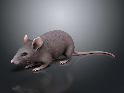 Realistic Grey Mouse With Large Ears And Long Tail On Dark Reflective Surface 3d model