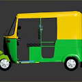 Yellow And Green Three Wheel Auto Rickshaw Passenger Vehicle With Transparent Windows