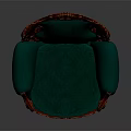 Vintage Green Velvet Armchair With Red Carved Wooden Frame And Curved Legs