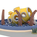 Highway Service Area Children's Playground With Yellow Tubular Structure Blue Ball Pool And Brown Pillars
