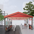 Outdoor Service Station With Red Roof Pavilion Design Along Street Surrounded By Trees