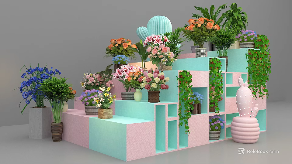 Floral Shop In Mall With Colorful Step Display Shelves And Various Potted Plants 3d model 