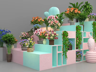 Floral Shop In Mall With Colorful Step Display Shelves And Various Potted Plants 3d model