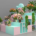 Floral Shop In Mall With Colorful Step Display Shelves And Various Potted Plants