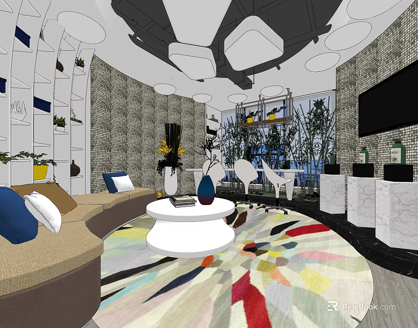 Modern Living Room Interior With Colorful Rug Round Coffee Table And Decorative Plants 3d model 