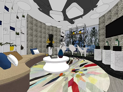 Modern Living Room Interior With Colorful Rug Round Coffee Table And Decorative Plants 3d model
