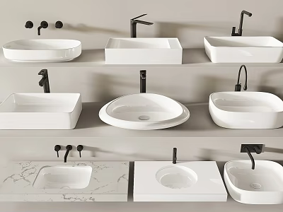 Different Shapes Of Modern Ceramic Bathroom Washbasins Displayed On Shelves With Black Faucets 3d model