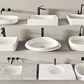 Different Shapes Of Modern Ceramic Bathroom Washbasins Displayed On Shelves With Black Faucets