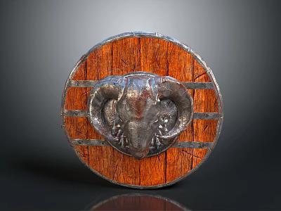 Circular Wooden Shield with Ram Head Decoration Metal Strips and Wood Grain 3d model
