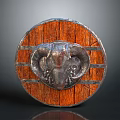 Circular Wooden Shield with Ram Head Decoration Metal Strips and Wood Grain