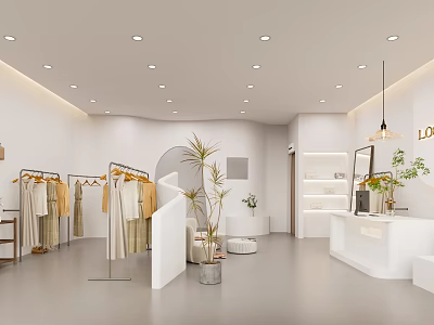 Modern Minimalist Clothing Store Interior With Hanging Clothes Racks Green Plants And Display Shelves 3d model