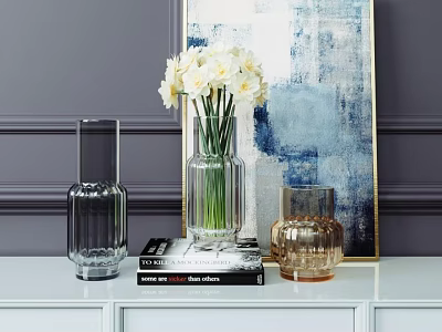Decorative Vases with White Flowers on White Cabinet and Blue Abstract Painting Background 3d model
