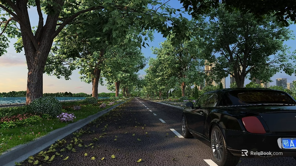 Municipal Road With Lush Trees Green Grass Flowers And Black Car Under Blue Sky 3d model 