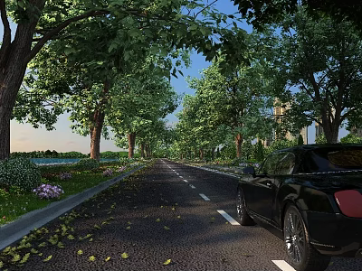 Municipal Road With Lush Trees Green Grass Flowers And Black Car Under Blue Sky 3d model