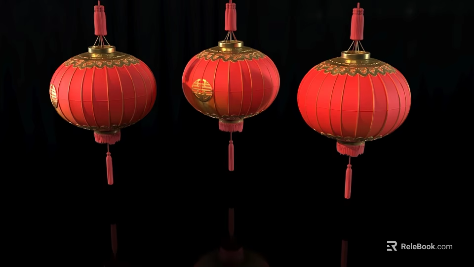 Three Traditional Red Lanterns With Golden Decorations And Tassels On Black Background 3d model 