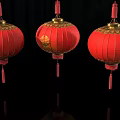 Three Traditional Red Lanterns With Golden Decorations And Tassels On Black Background