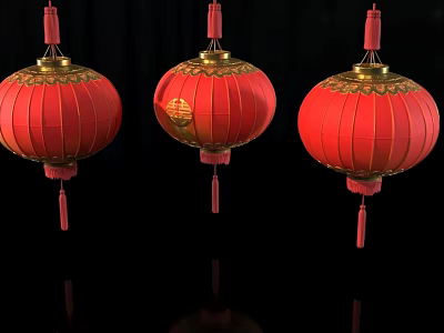 Three Traditional Red Lanterns With Golden Decorations And Tassels On Black Background 3d model