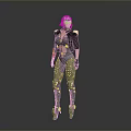 Female Character With White Short Hair Black Jacket Mechanical Arm Metallic Pants And Boots