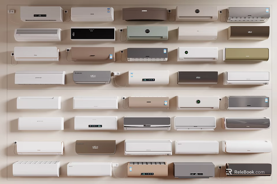 Various Styles Of Air Conditioners Displayed On Wall 3d model 