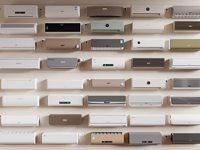 Various Styles Of Air Conditioners Displayed On Wall 3d model