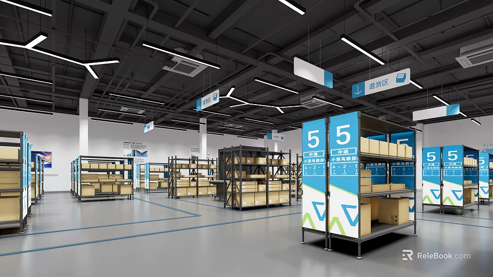 Warehouse Storage Space With Metal Shelves Blue Signs Number 5 And Cardboard Boxes 3d model 