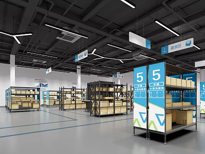 Warehouse Storage Space With Metal Shelves Blue Signs Number 5 And Cardboard Boxes 3d model