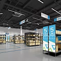Warehouse Storage Space With Metal Shelves Blue Signs Number 5 And Cardboard Boxes