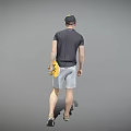 Man Wearing Cap Dark T-Shirt Light Shorts Holding Horn In Grey Background With Reflection