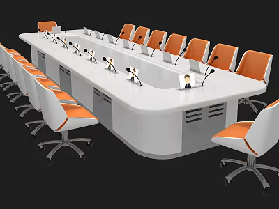 Modern White Curved Conference Table With Orange White Chairs And Microphones 3d model