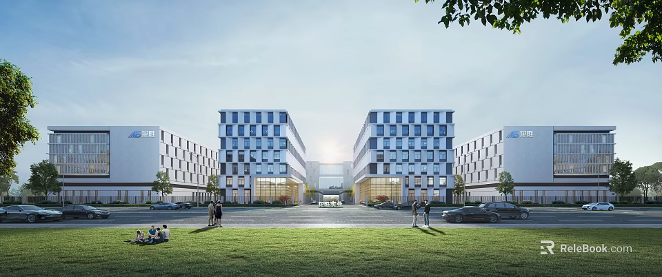 Modern Office Buildings With Glass Curtain Walls Green Lawn And Outdoor Space 3d model 