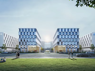 Modern Office Buildings With Glass Curtain Walls Green Lawn And Outdoor Space 3d model