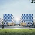 Modern Office Buildings With Glass Curtain Walls Green Lawn And Outdoor Space