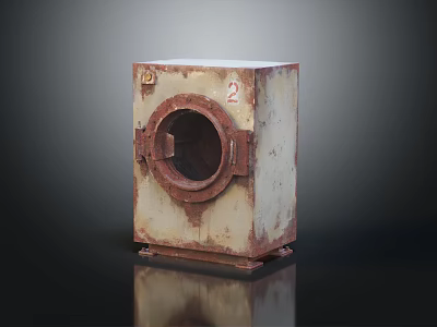 Vintage Rusty Metal Washing Machine With Square Shape And Circular Door 3d model