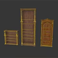 Three Elegant Wooden Bookcases With Various Designs Carved Details And Shelves