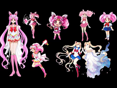 Multiple Anime Female Characters With Pink Hair And Different Outfits Long Hair And Various Poses 3d model