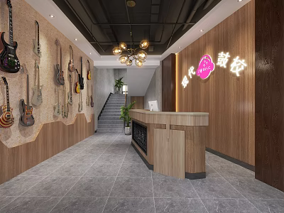 Wooden Shop Front Desk With Guitars Hanging On Wall And Chandelier 3d model