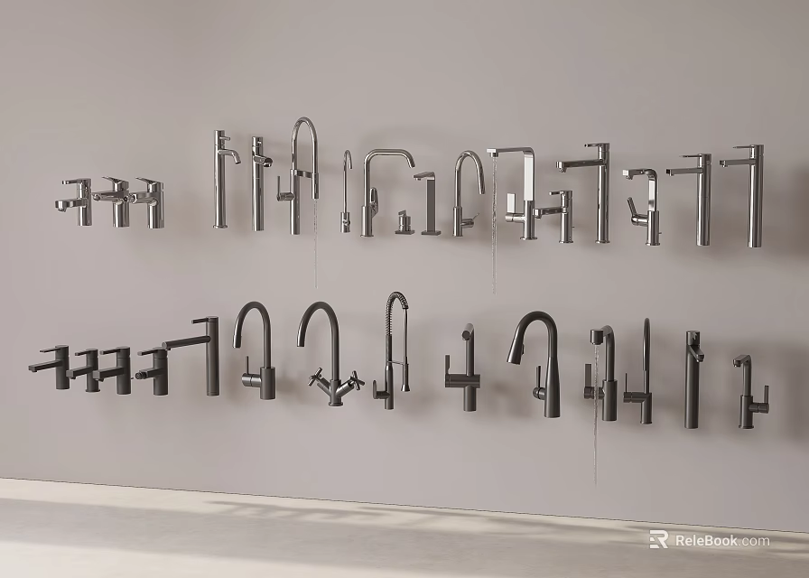 Various Modern Faucet Designs Displayed On Wall For Kitchen And Bathroom 3d model 