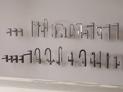 Various Modern Faucet Designs Displayed On Wall For Kitchen And Bathroom 3d model