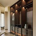 Elegant Modern Walk-in Closet Interior With Glass Doors Open Storage And Blinds