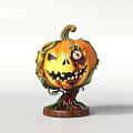 Pumpkin Landscape Sculpture With Carved Face Vines And Single Eye Design On Brown Base