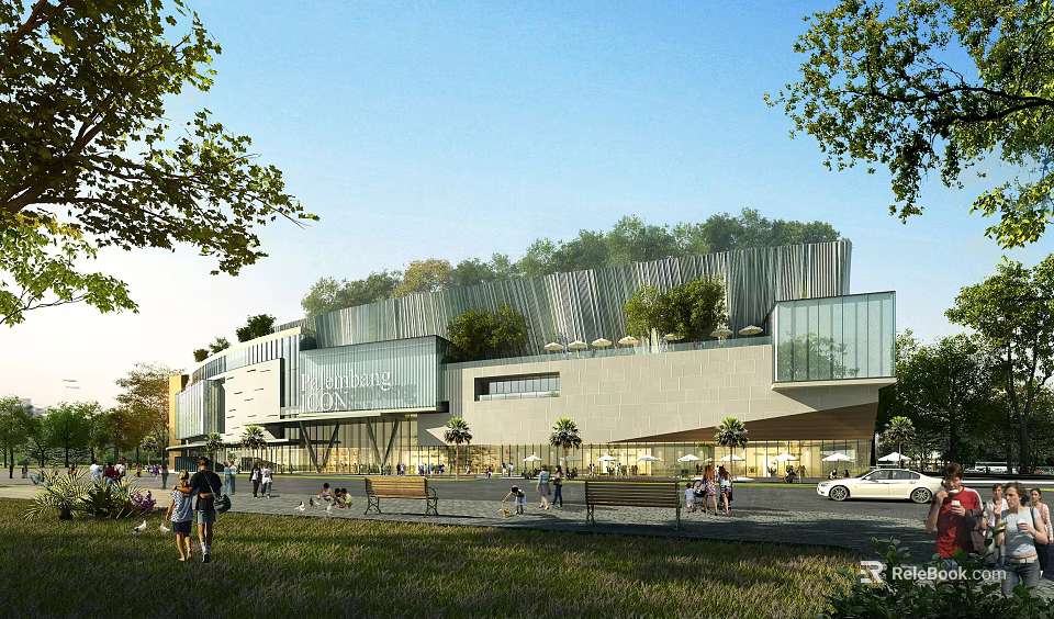 Modern Urban Public Building With Green Roof Glass Facade Trees And Pedestrians 3d model 