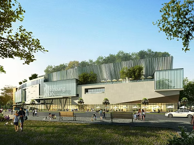 Modern Urban Public Building With Green Roof Glass Facade Trees And Pedestrians 3d model