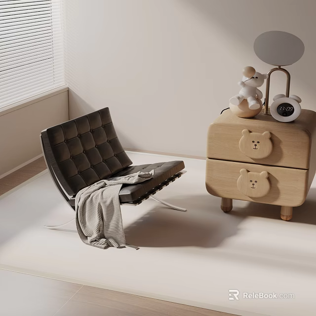 Dark Brown Tufted Lounge Chair With Gray Blanket And Wooden Drawer Cabinet With Toys 3d model 