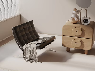 Dark Brown Tufted Lounge Chair With Gray Blanket And Wooden Drawer Cabinet With Toys 3d model