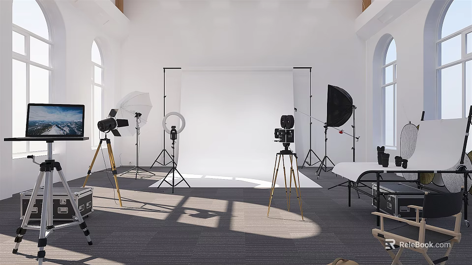 Professional Photography Studio Setup With Lighting Gear Tripods White Backdrop And Laptop 3d model 
