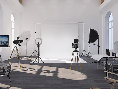 Professional Photography Studio Setup With Lighting Gear Tripods White Backdrop And Laptop 3d model